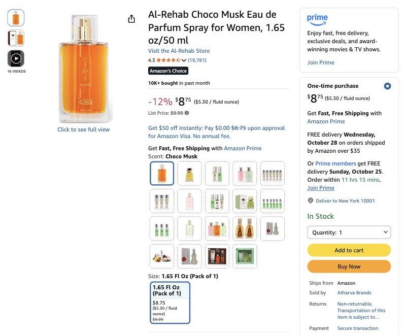 The Choco Musk 50ml Amazon listing today