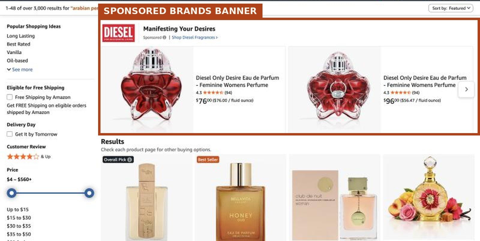 Amazon search results with the full Sponsored Brands banner, today held by Diesel
