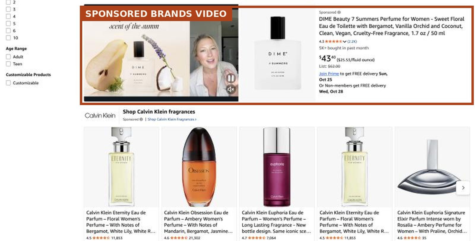 Amazon search results showing a full Sponsored Brands video ad unit